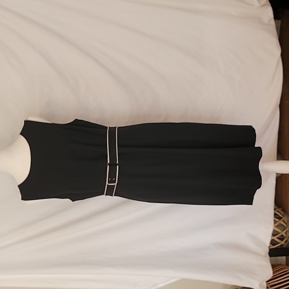 Loft Size 10 Black Belted Sleeveless Dress with Tan Piping Trim, Exc. Used Cond.